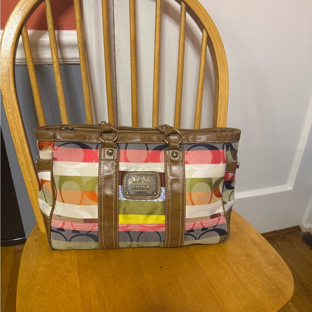 Coach Colorful Patterned Tote with Brown Accents